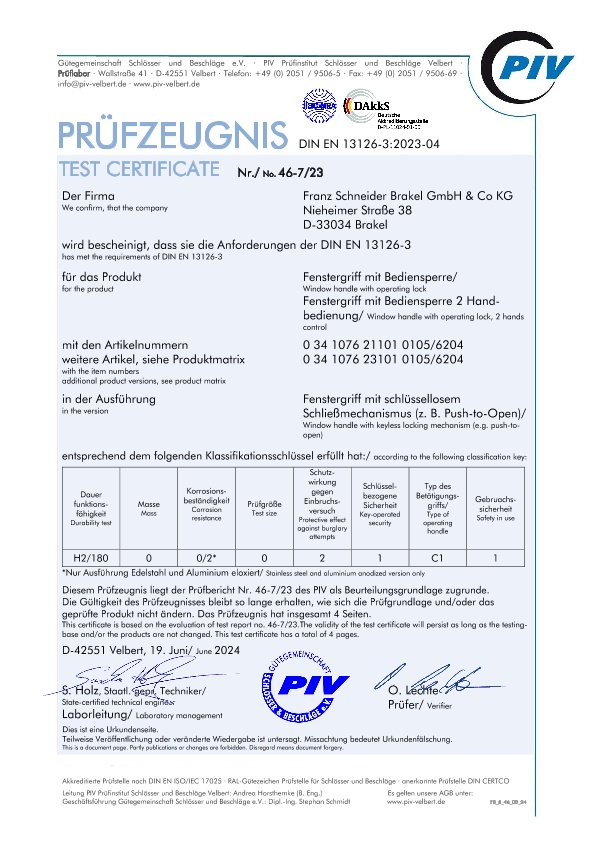 PIV Prüfzeugnis Fenstergriff mit Bediensperre und Fenstergriff mit Bediensperre + Taster