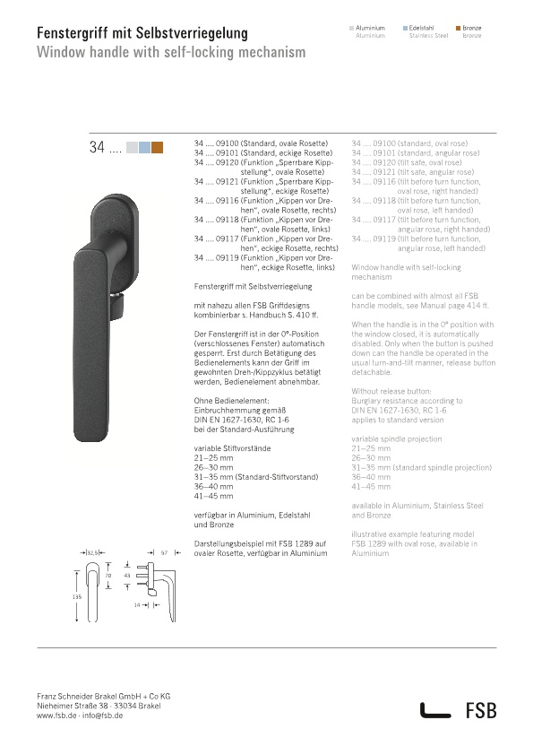 Produktdatenblatt: Fenstergriff mit Selbstverriegelung